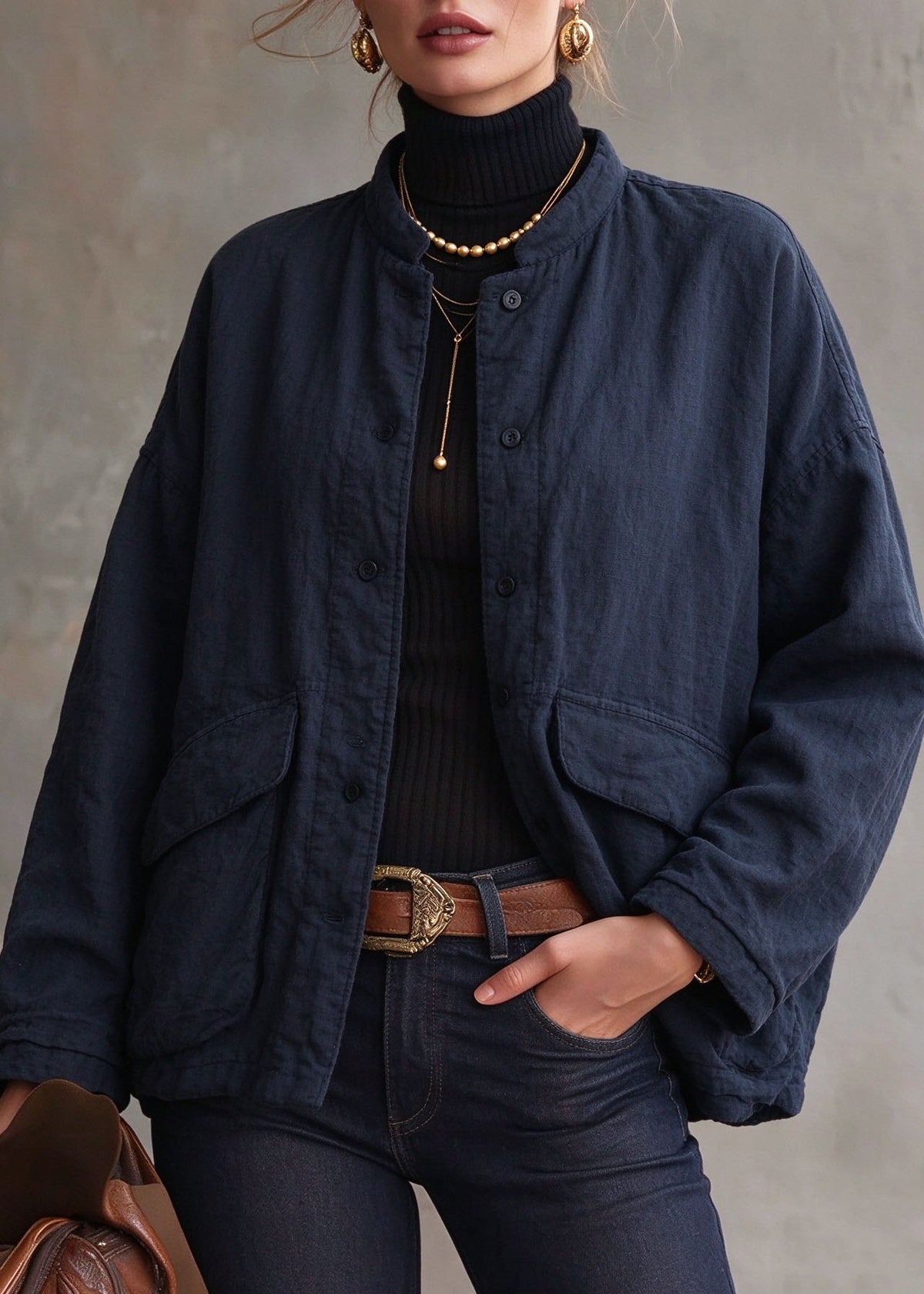 Organic Blue Patchwork Button Thick Linen Coat Winter