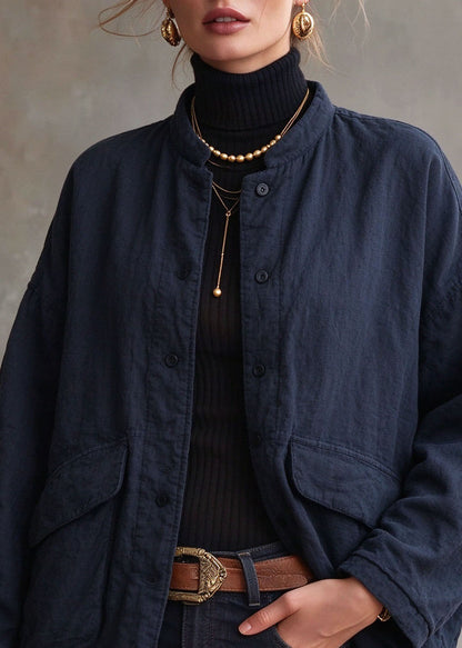 Organic Blue Patchwork Button Thick Linen Coat Winter