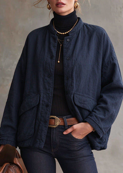 Organic Blue Patchwork Button Thick Linen Coat Winter