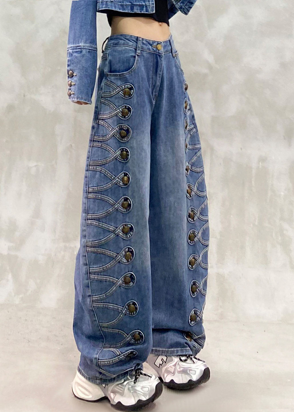 Organic Blue Patchwork Draping High Waist Straight Jeans Fall