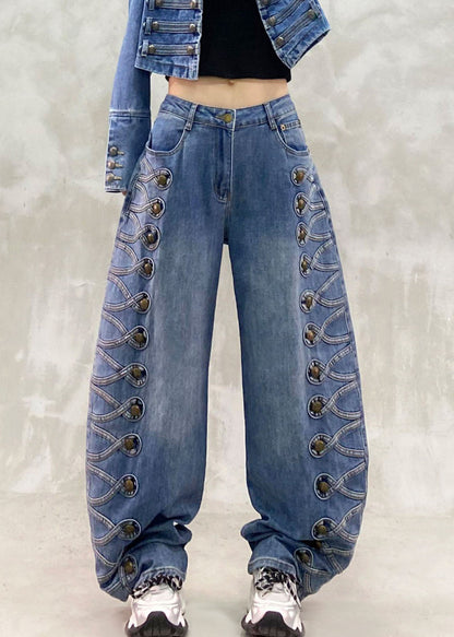 Organic Blue Patchwork Draping High Waist Straight Jeans Fall