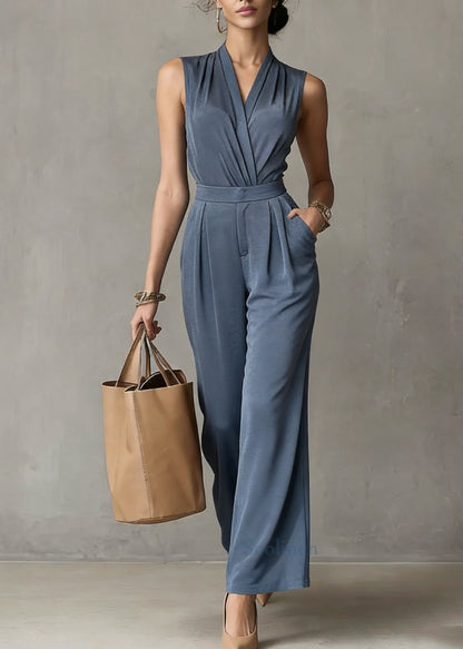 Organic Blue Patchwork Solid Top And Wide Leg Pants Two Pieces Sets Sleeveless