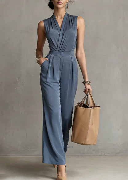 Organic Blue Patchwork Solid Top And Wide Leg Pants Two Pieces Sets Sleeveless
