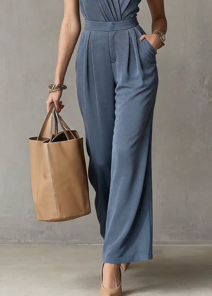 Organic Blue Patchwork Solid Top And Wide Leg Pants Two Pieces Sets Sleeveless