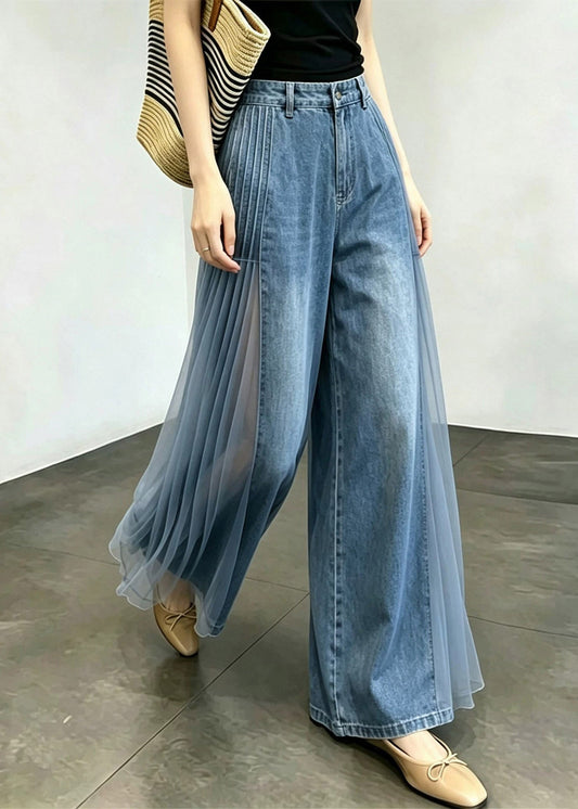 Organic Blue Pockets High Waist Tulle Patchwork Wide Leg Jeans