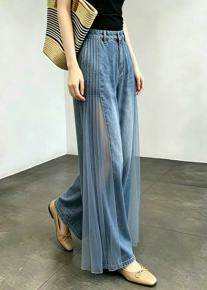 Organic Blue Pockets High Waist Tulle Patchwork Wide Leg Jeans