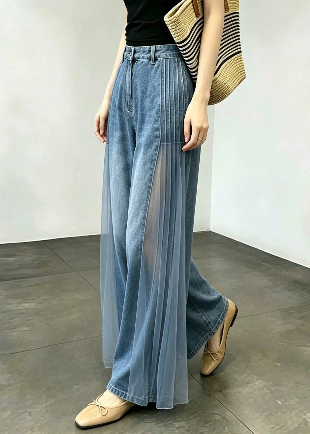 Organic Blue Pockets High Waist Tulle Patchwork Wide Leg Jeans