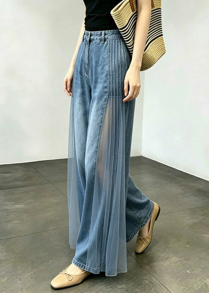 Organic Blue Pockets High Waist Tulle Patchwork Wide Leg Jeans