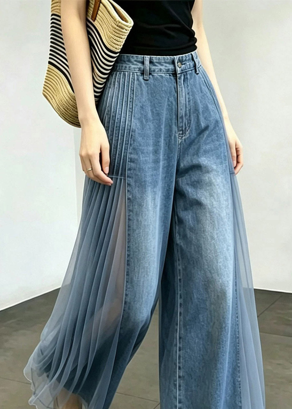 Organic Blue Pockets High Waist Tulle Patchwork Wide Leg Jeans
