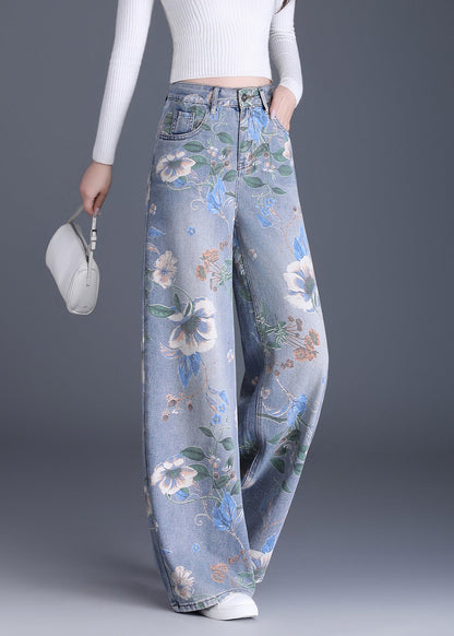 Organic Blue Pockets Print Denim Wide Leg Pants Spring