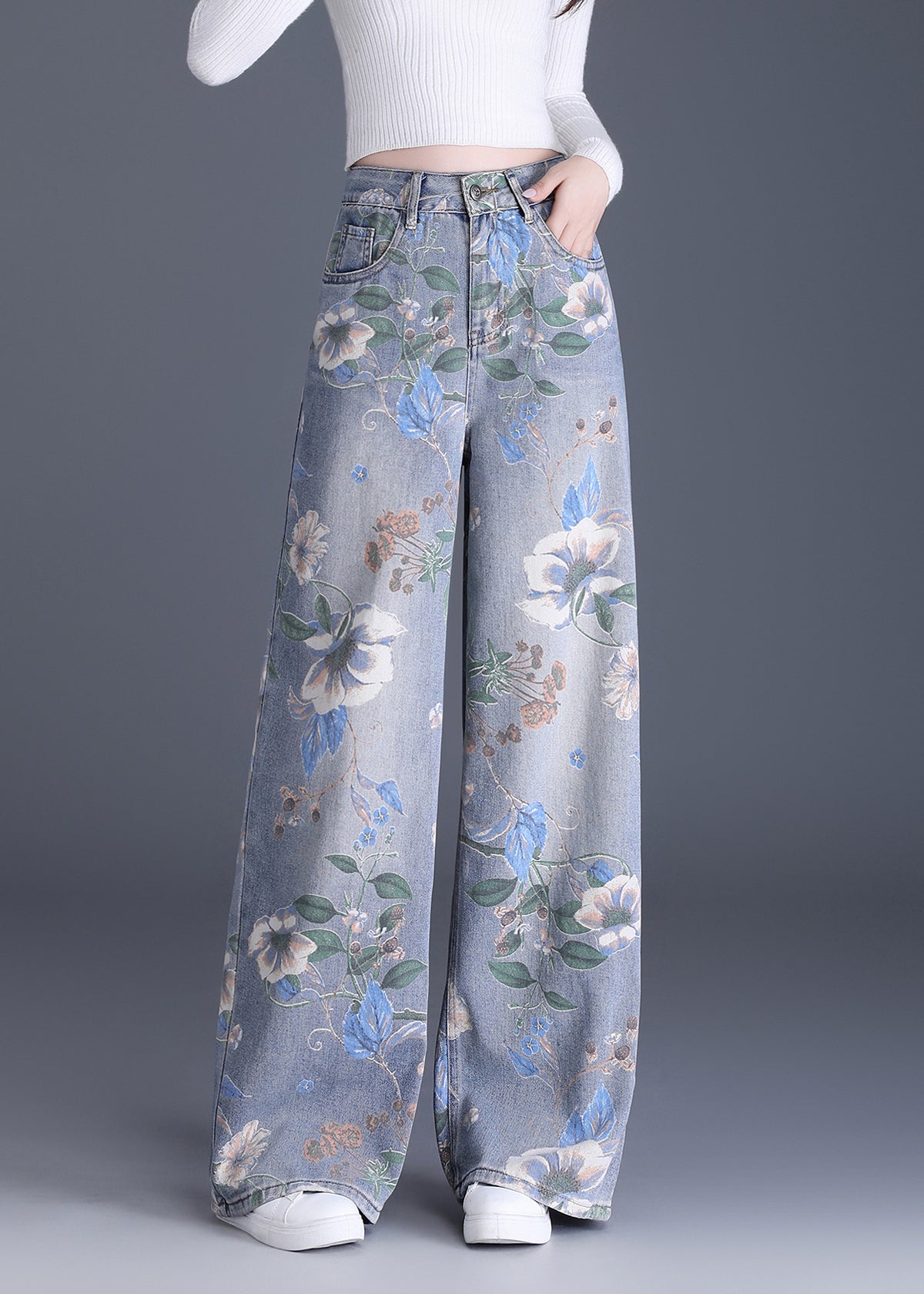 Organic Blue Pockets Print Denim Wide Leg Pants Spring