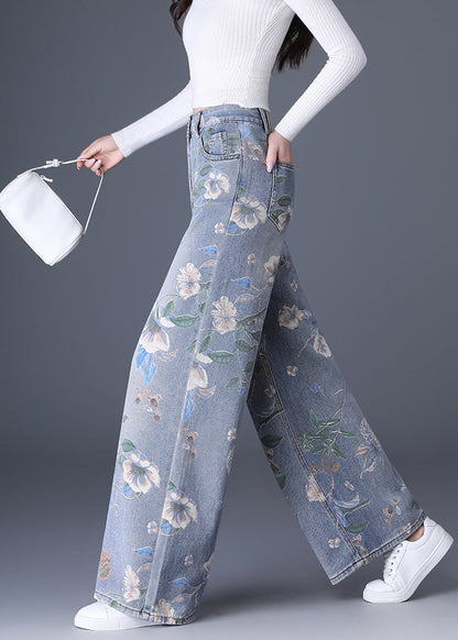 Organic Blue Pockets Print Denim Wide Leg Pants Spring