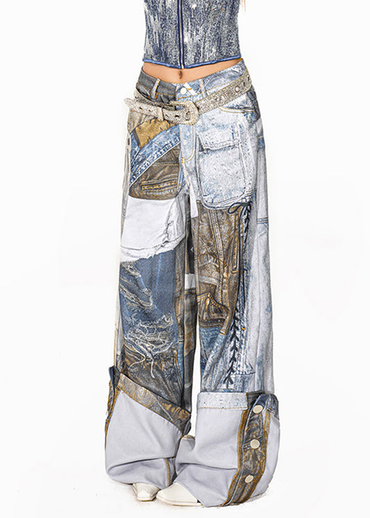 Organic Blue Print Pockets Patch Wide Leg Pants