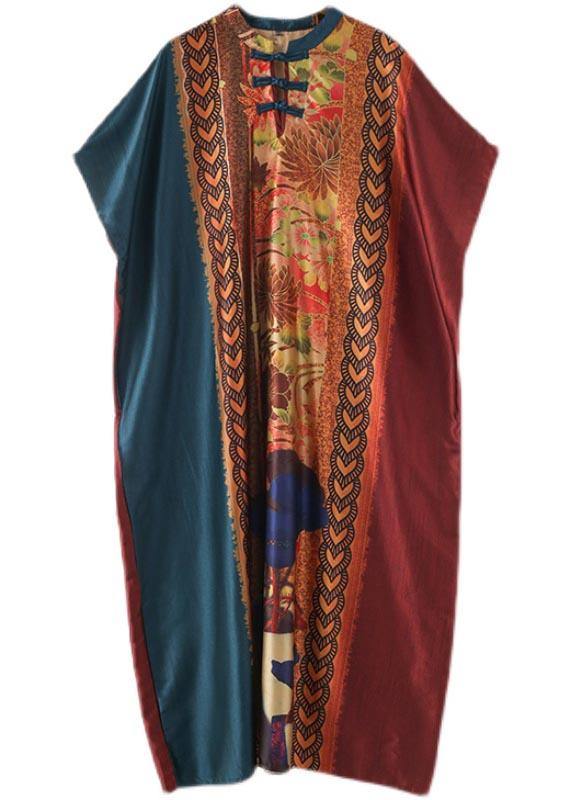 Organic Blue Red Print Oriental Summer Chiffon Dress - SooLinen