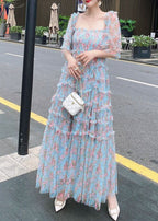 Organic Blue Ruffled Patchwork Print Tulle Dresses Summer
