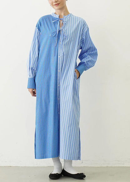 Organic Blue Striped Asymmetrical Design Shirt Dresses Spring