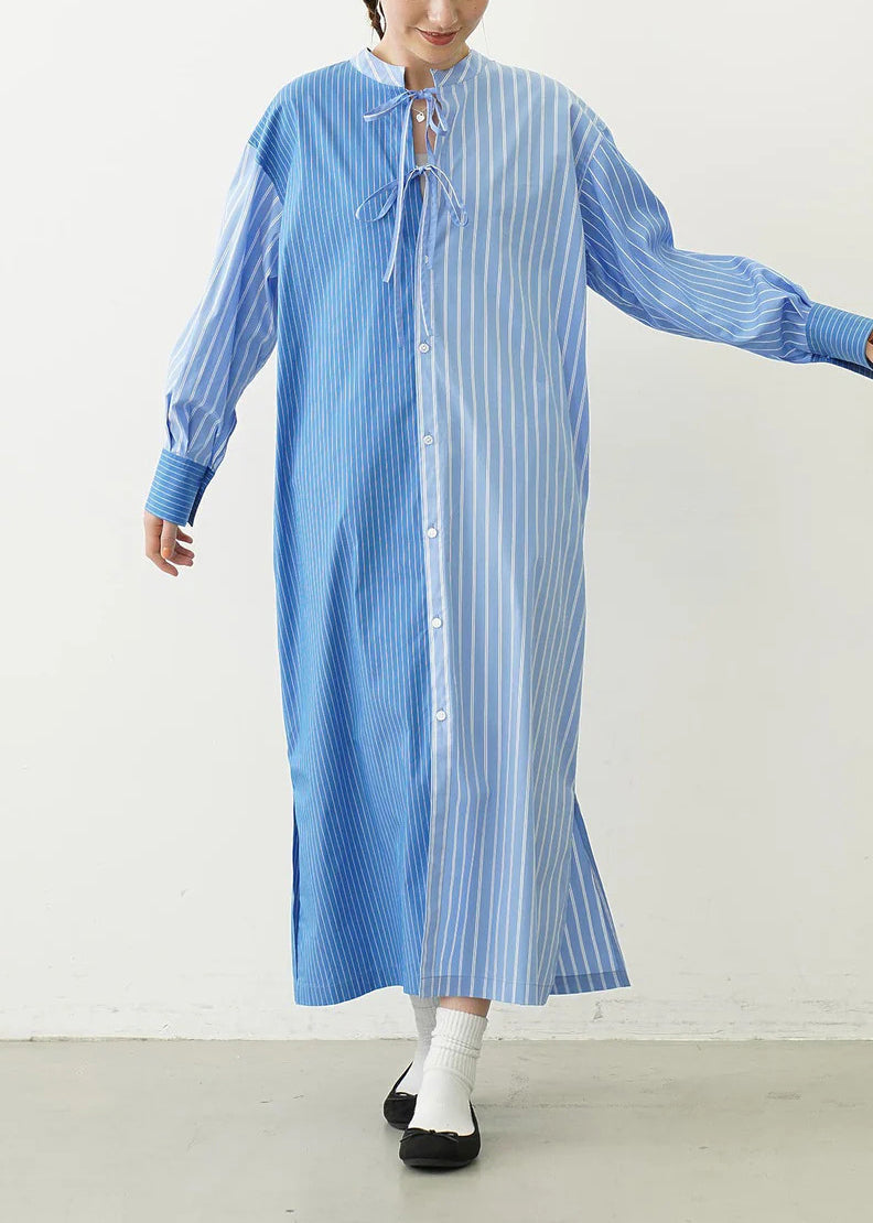 Organic Blue Striped Asymmetrical Design Shirt Dresses Spring