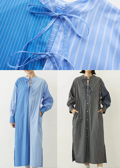 Organic Blue Striped Asymmetrical Design Shirt Dresses Spring