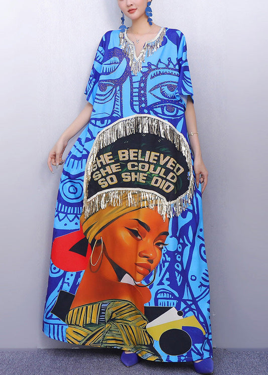 Organic Blue Tasseled Print Cotton Holiday Dresses Summer