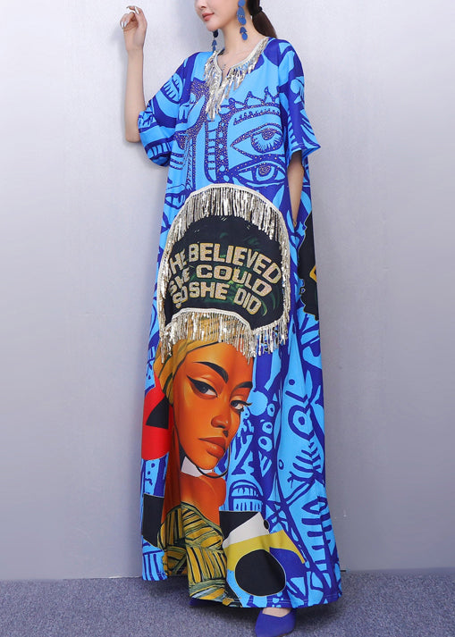 Organic Blue Tasseled Print Cotton Holiday Dresses Summer