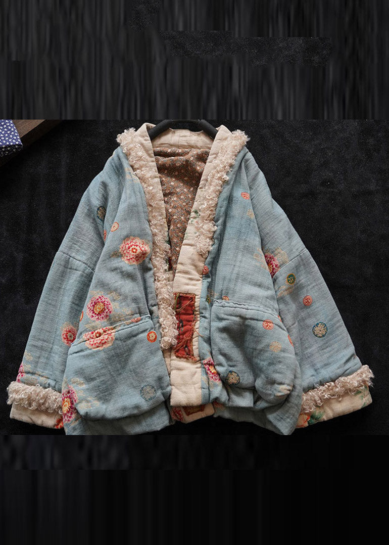 Organic Blue V Neck Faux Fur Patchwork Witner Coat Long Sleeve