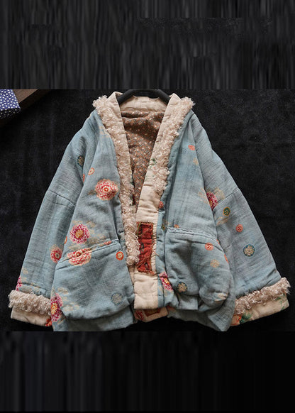 Organic Blue V Neck Faux Fur Patchwork Witner Coat Long Sleeve