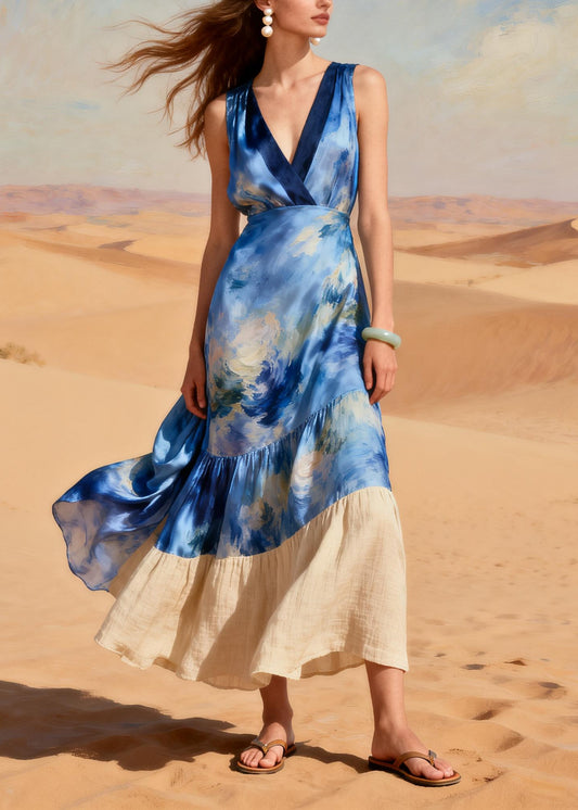 Organic Blue V Neck Patchwork Silk Dress Summer