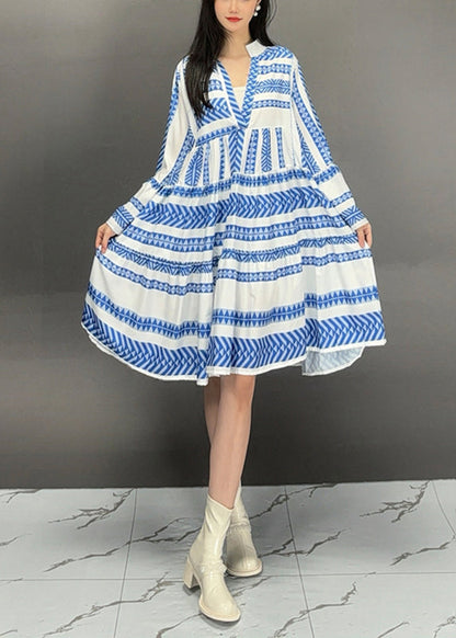 Organic Blue V Neck Striped Long Dress Flare Sleeve