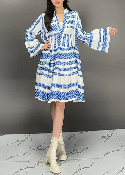Organic Blue V Neck Striped Long Dress Flare Sleeve