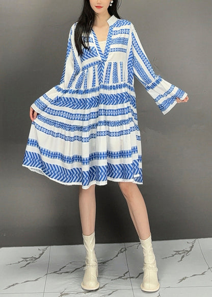 Organic Blue V Neck Striped Long Dress Flare Sleeve