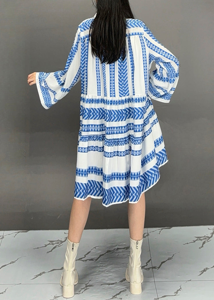Organic Blue V Neck Striped Long Dress Flare Sleeve