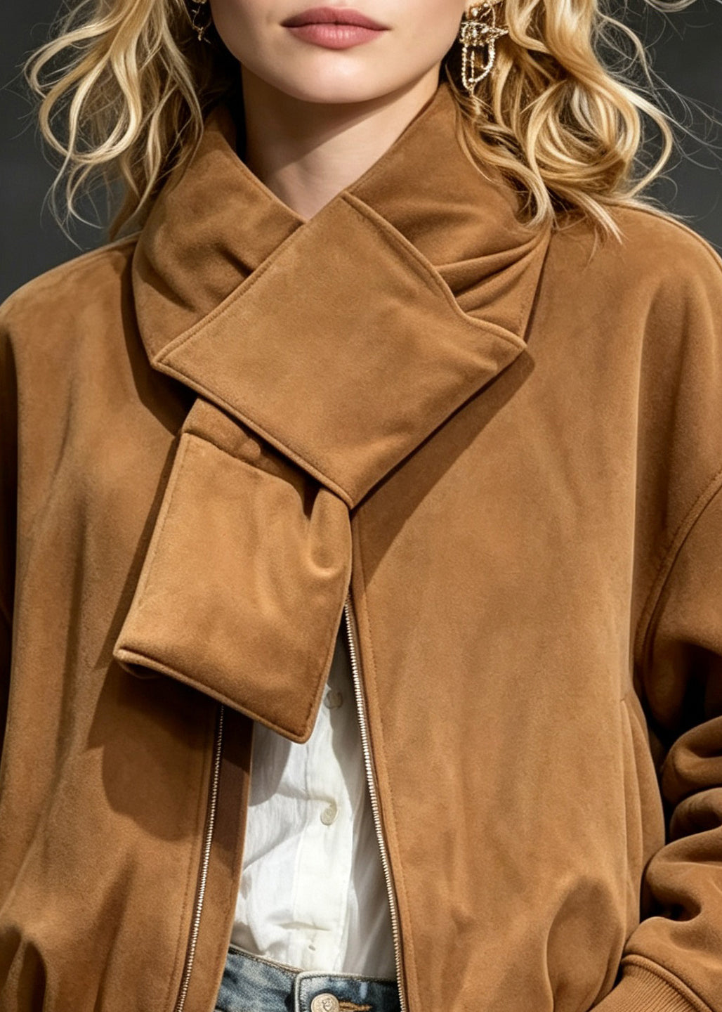 Organic Bow Zippered Pockets Solid Parka Lantern Sleeve