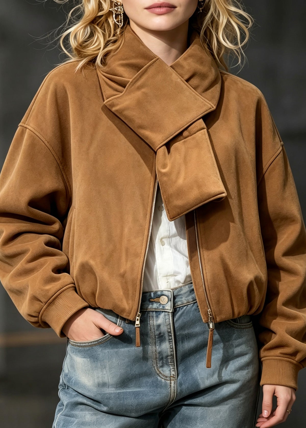 Organic Bow Zippered Pockets Solid Parka Lantern Sleeve