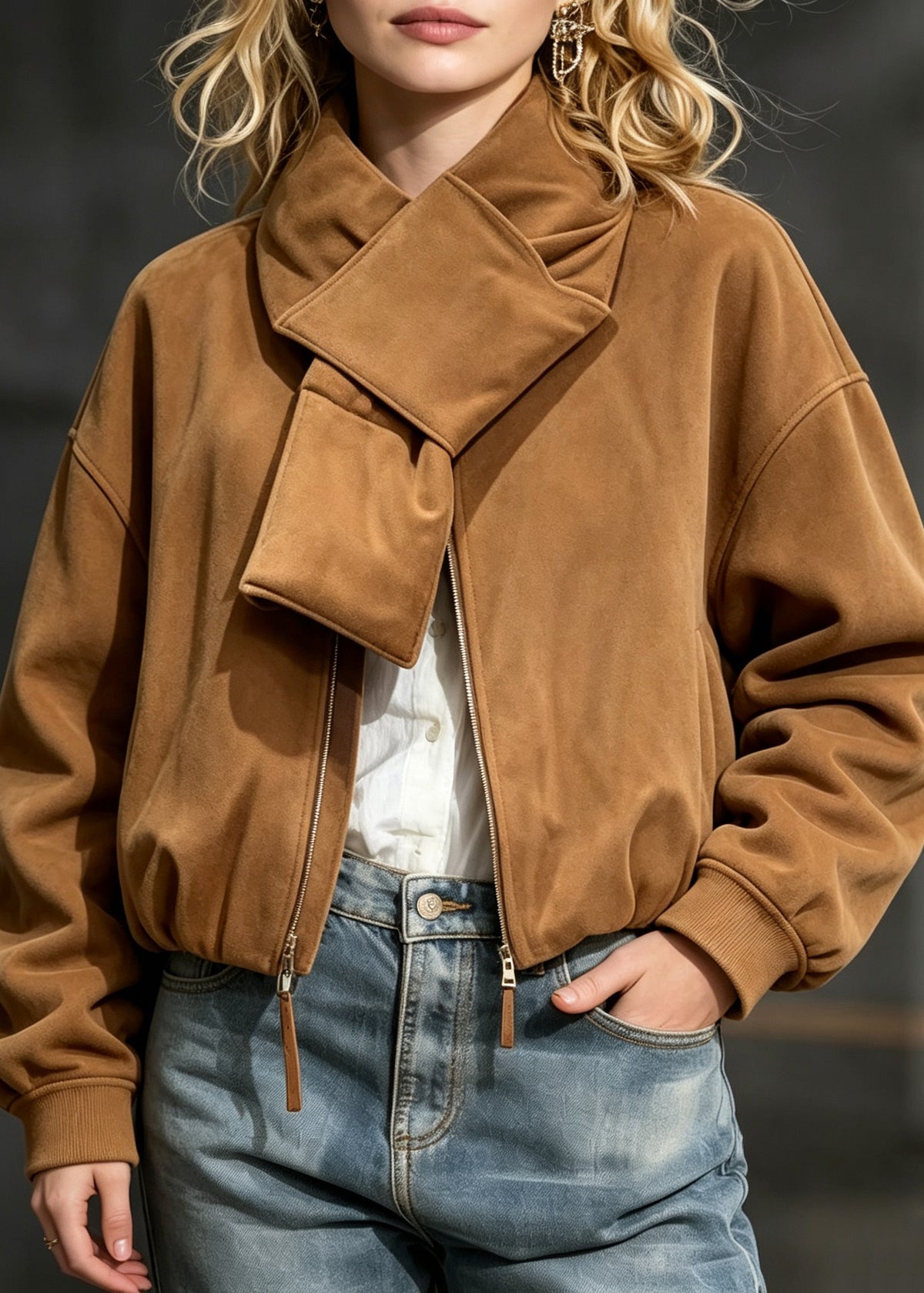 Organic Bow Zippered Pockets Solid Parka Lantern Sleeve
