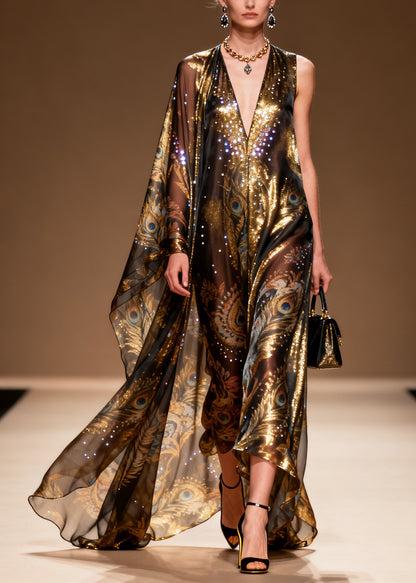 Organic Brown Asymmetrical Print Rhinestone Silk Party Dress Summer