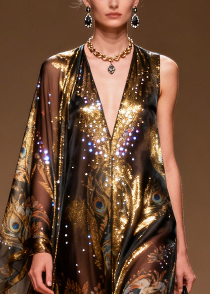 Organic Brown Asymmetrical Print Rhinestone Silk Party Dress Summer