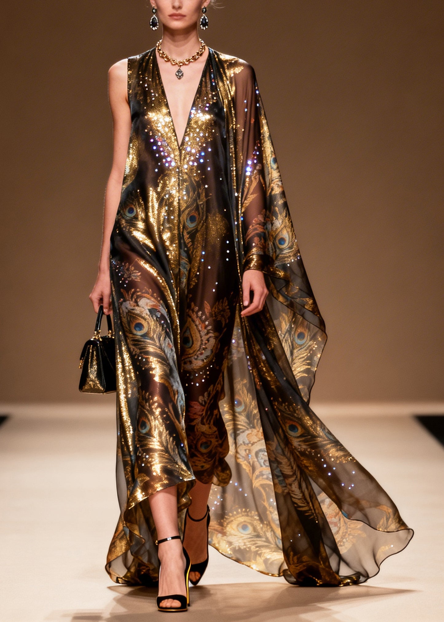 Organic Brown Asymmetrical Print Rhinestone Silk Party Dress Summer