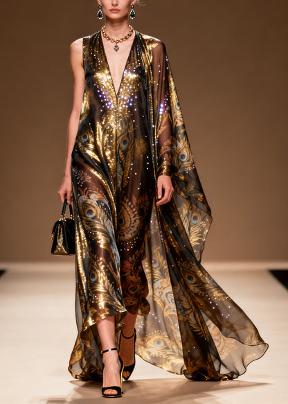Organic Brown Asymmetrical Print Rhinestone Silk Party Dress Summer