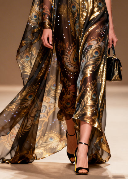 Organic Brown Asymmetrical Print Rhinestone Silk Party Dress Summer