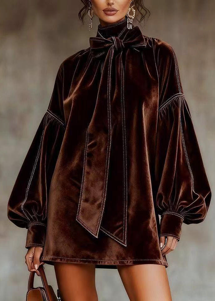 Organic Brown High Neck Bow Silk Velvet Mid Dress Fall