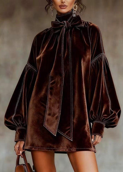 Organic Brown High Neck Bow Silk Velvet Mid Dress Fall