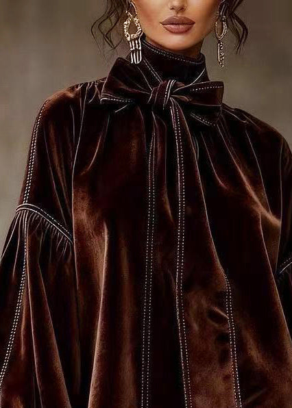 Organic Brown High Neck Bow Silk Velvet Mid Dress Fall