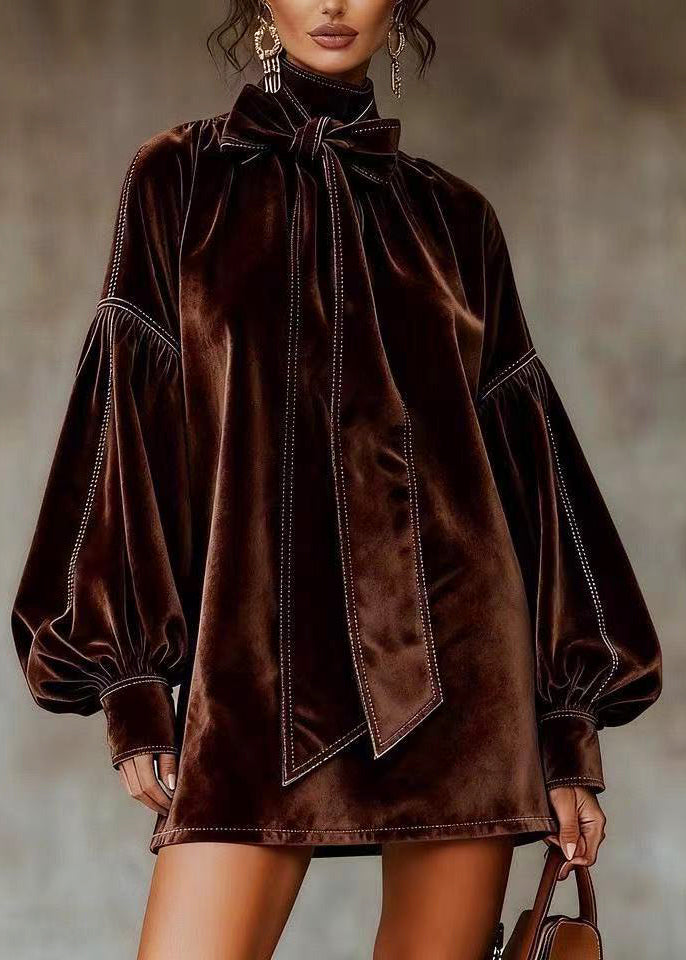 Organic Brown High Neck Bow Silk Velvet Mid Dress Fall