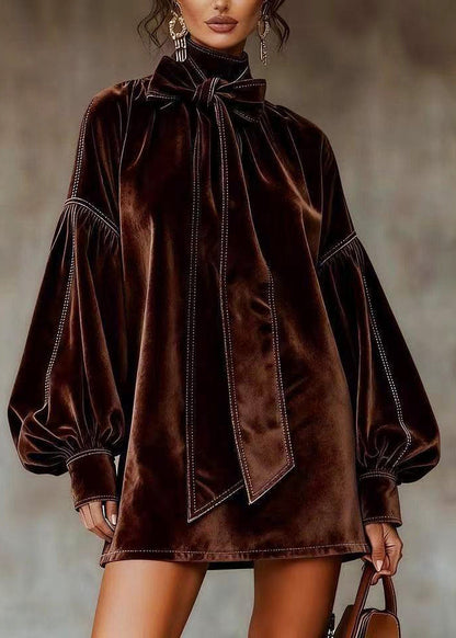 Organic Brown High Neck Bow Silk Velvet Mid Dress Fall