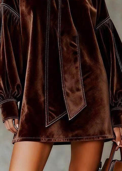 Organic Brown High Neck Bow Silk Velvet Mid Dress Fall
