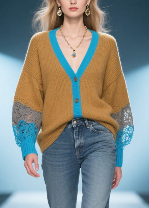Organic Brown Hollow Out Patchwork Lace Knit Cardigan Fall