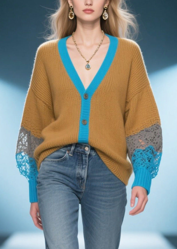 Organic Brown Hollow Out Patchwork Lace Knit Cardigan Fall