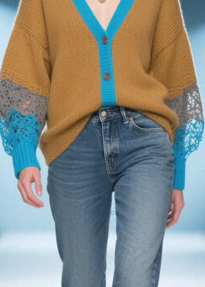 Organic Brown Hollow Out Patchwork Lace Knit Cardigan Fall