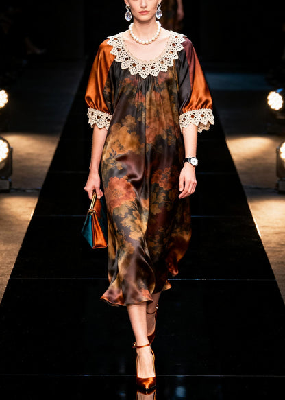 Organic Brown Oversized Patchwork Silk Ankle Dress Summer