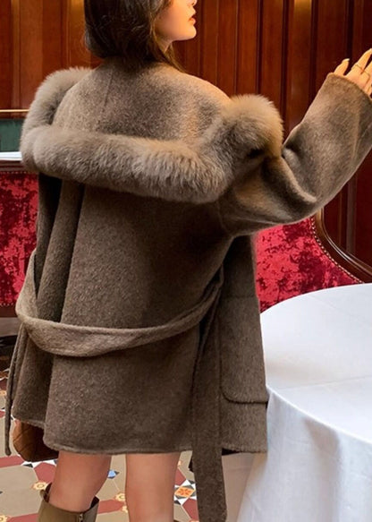 Organic Brown Tie Waist Woolen Hoodie Coat Long Sleeve